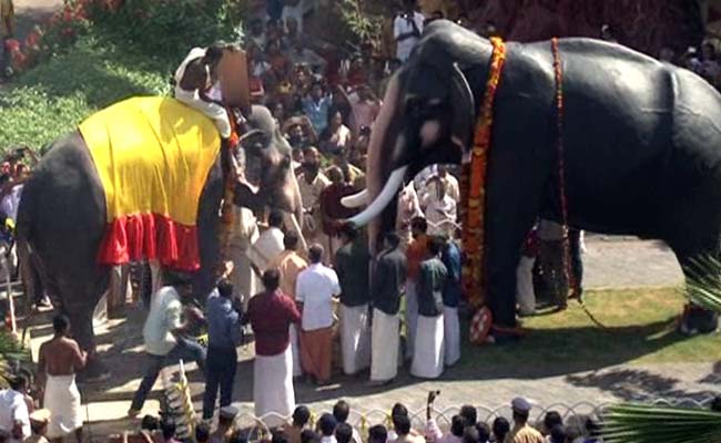 An elephant of Guruvayur garlands the statue of Kesavan